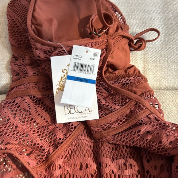 BECCA Color Play - Women's One Piece Swimsuit, Plunge, Crochet, Bronzed, X-Large - Picture 7 of 11